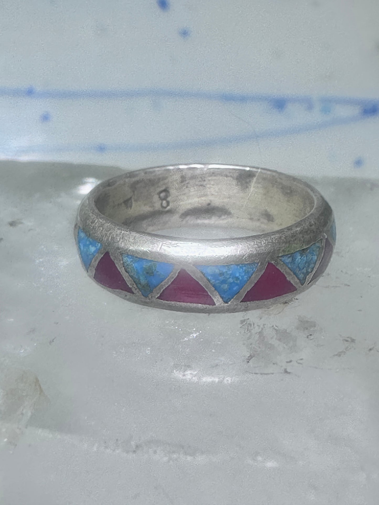 Zuni ring wedding band  sterling silver turquoise coral chips size 7.5 men women b