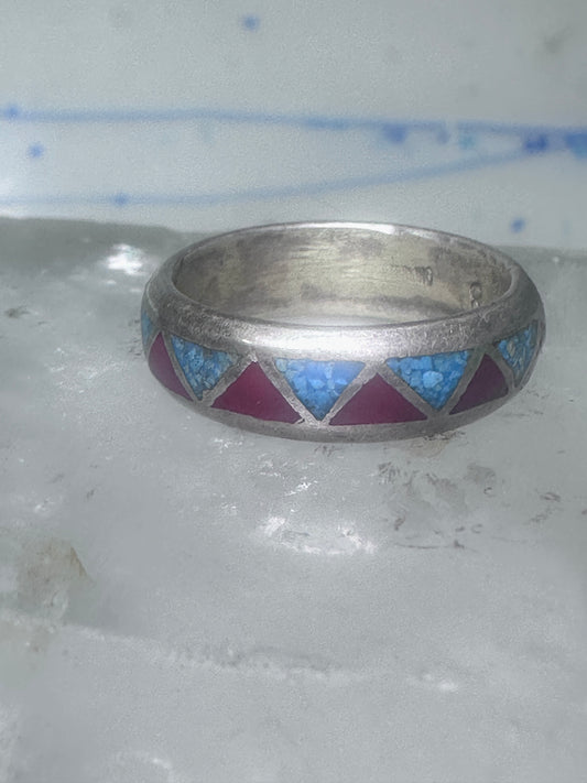 Zuni ring wedding band  sterling silver turquoise coral chips size 7.5 men women b