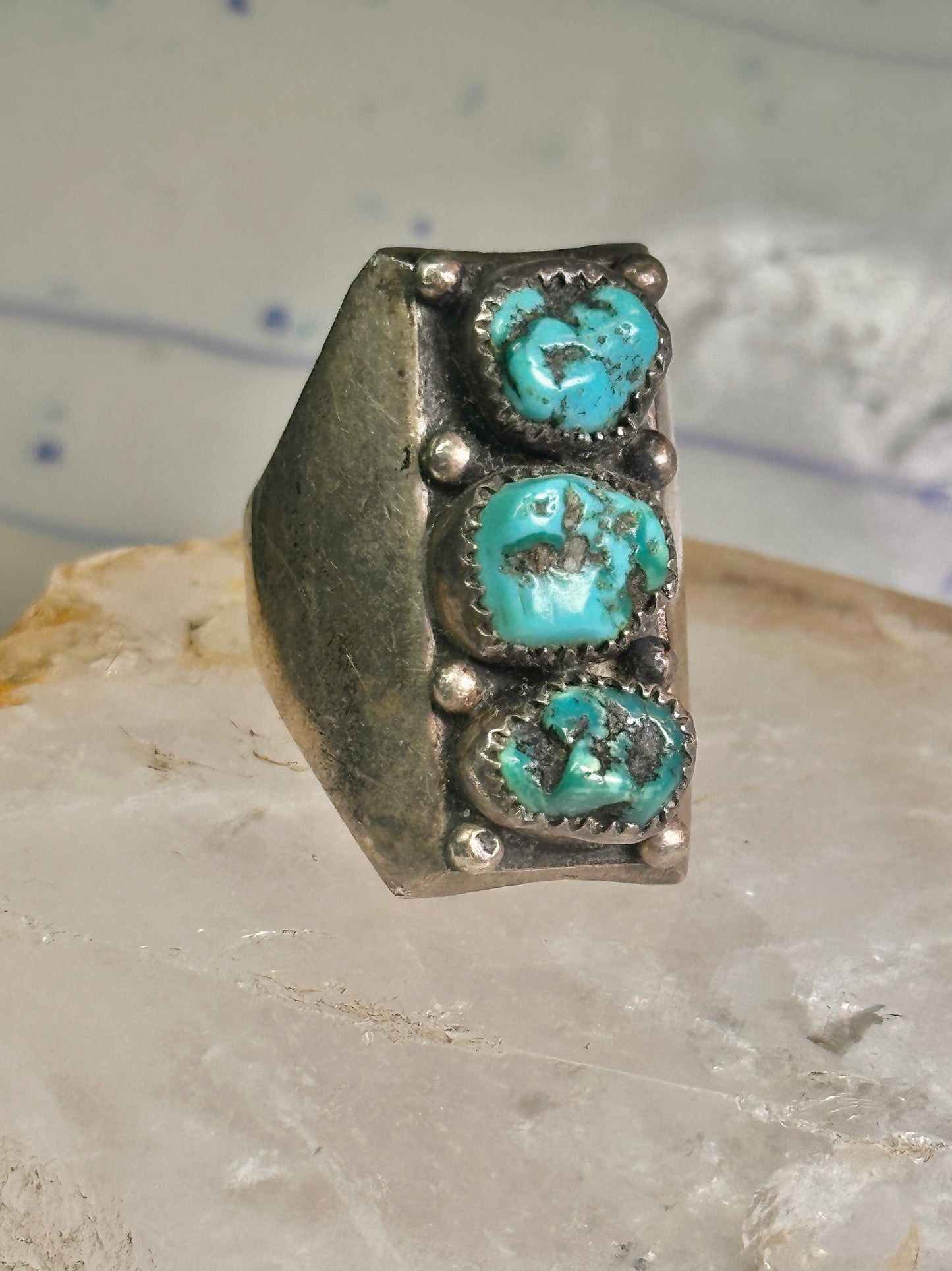 Long Navajo ring Heavy turquoise band vintage sterling silver size 10.75 women men