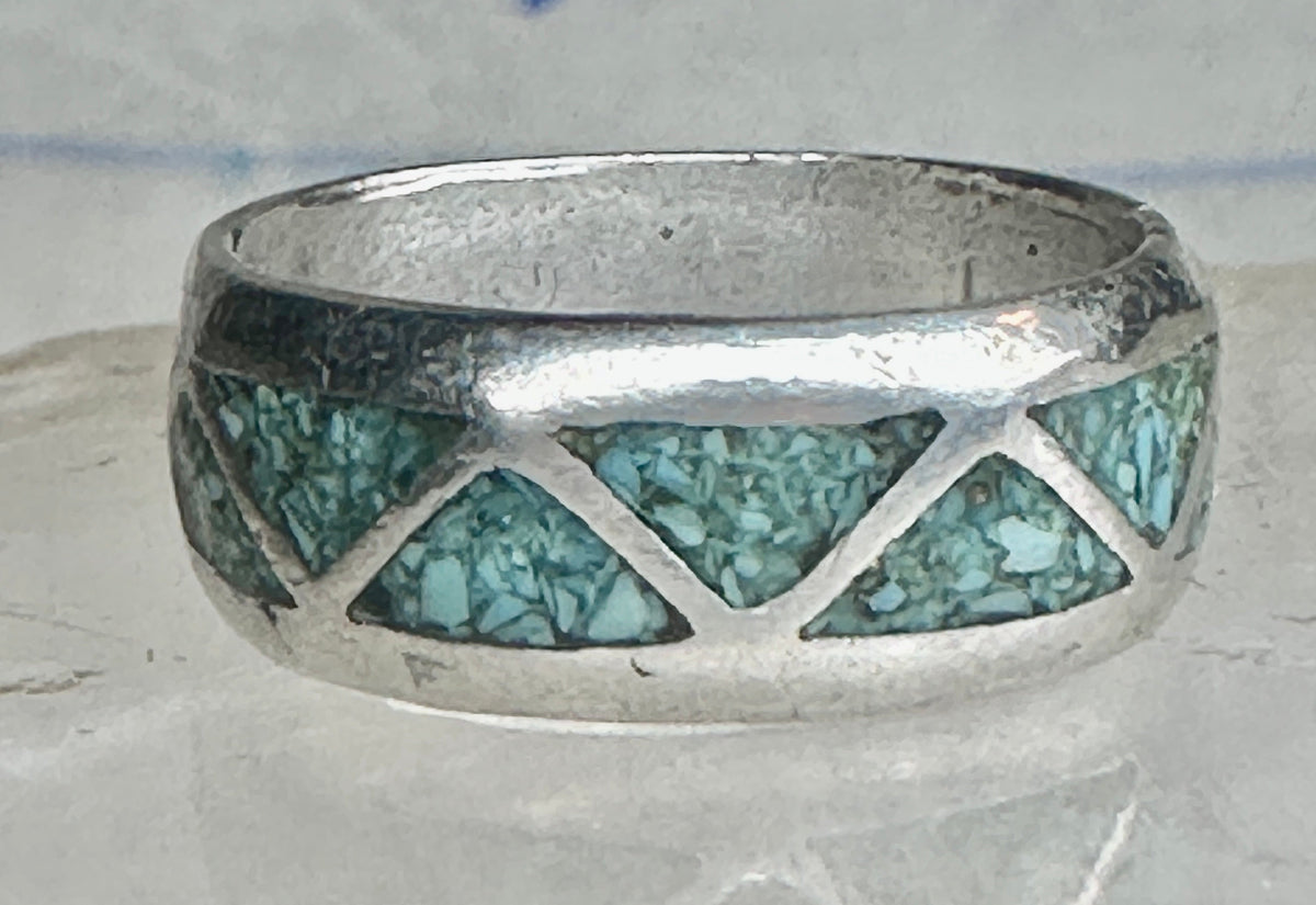 Vintage Zuni Triangle Turquoise Chip Inlay Sterling Silver Band Ring - Size 7.5 925