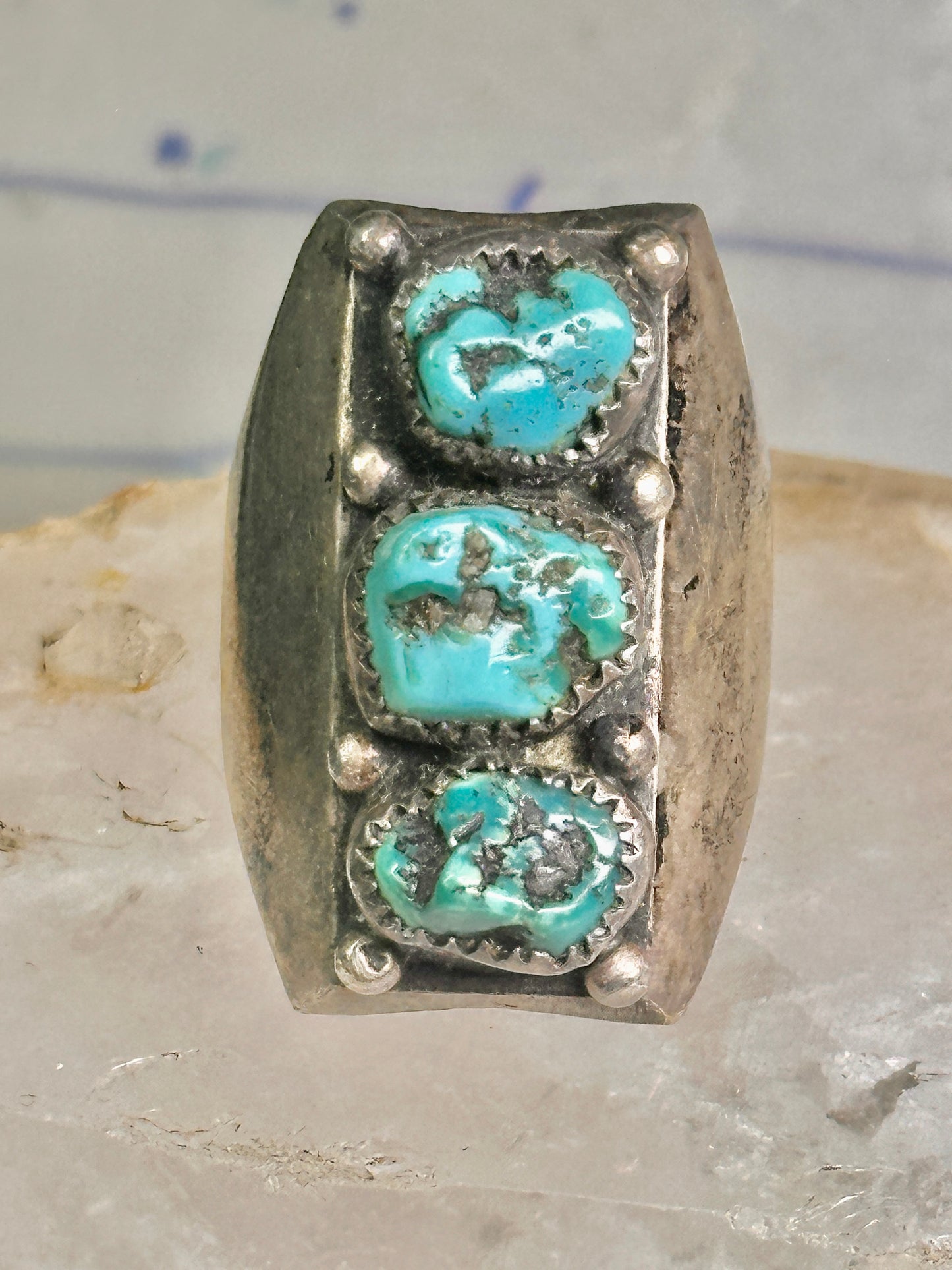 Long Navajo ring Heavy turquoise band vintage sterling silver size 10.75 women men