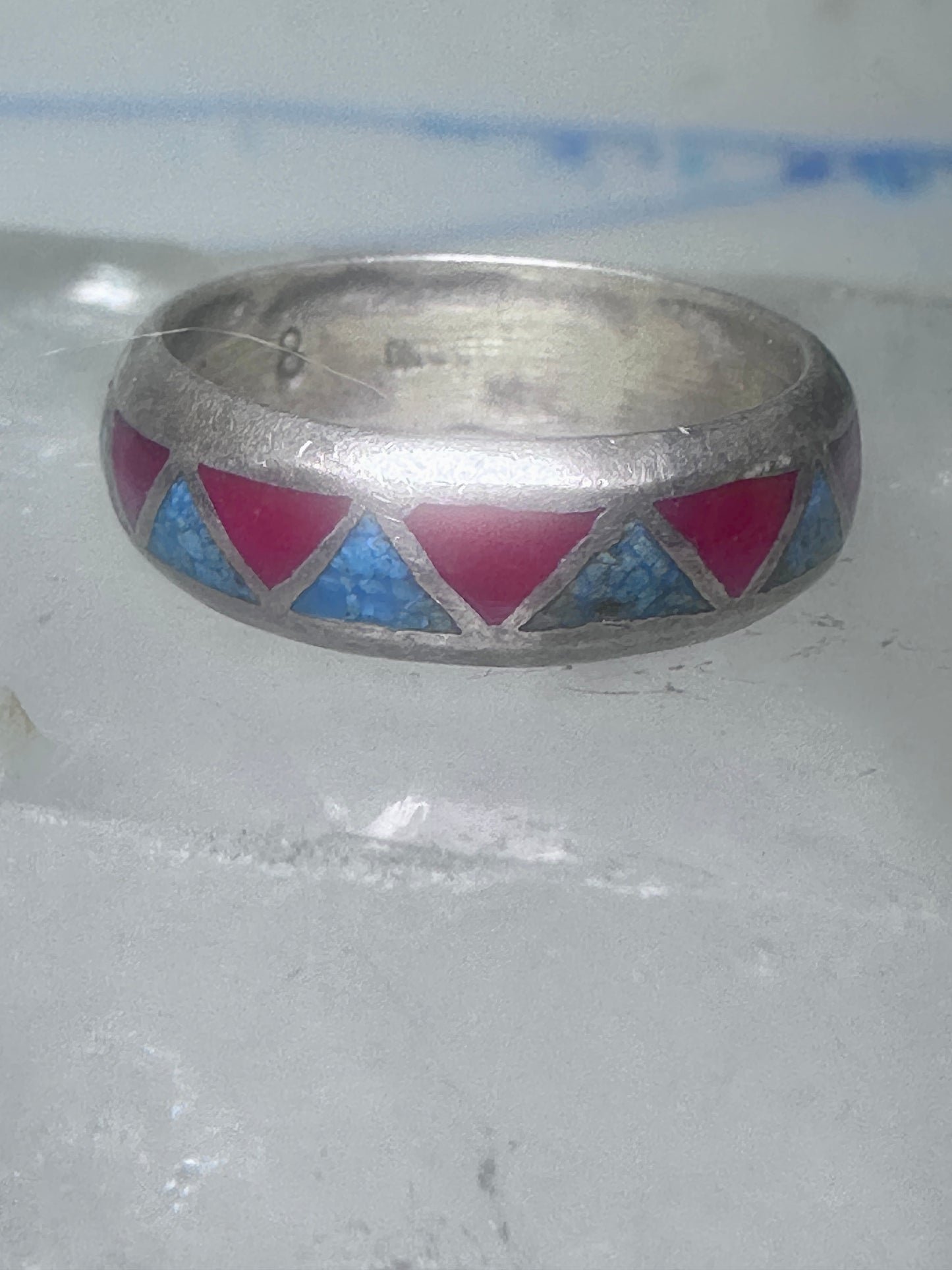 Zuni ring wedding band  sterling silver turquoise coral chips size 7.5 men women b
