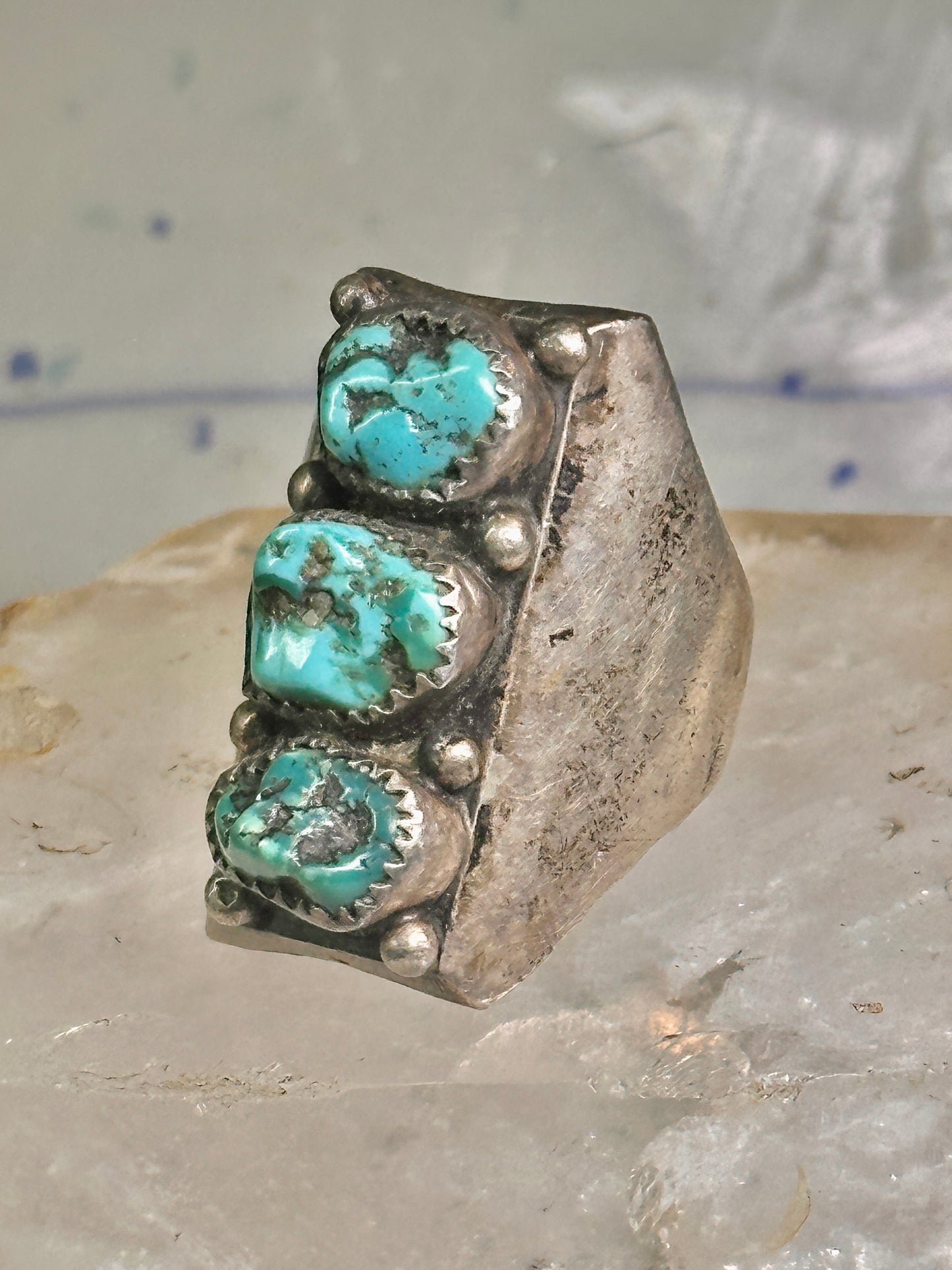 Long Navajo ring Heavy turquoise band vintage sterling silver size 10.75 women men