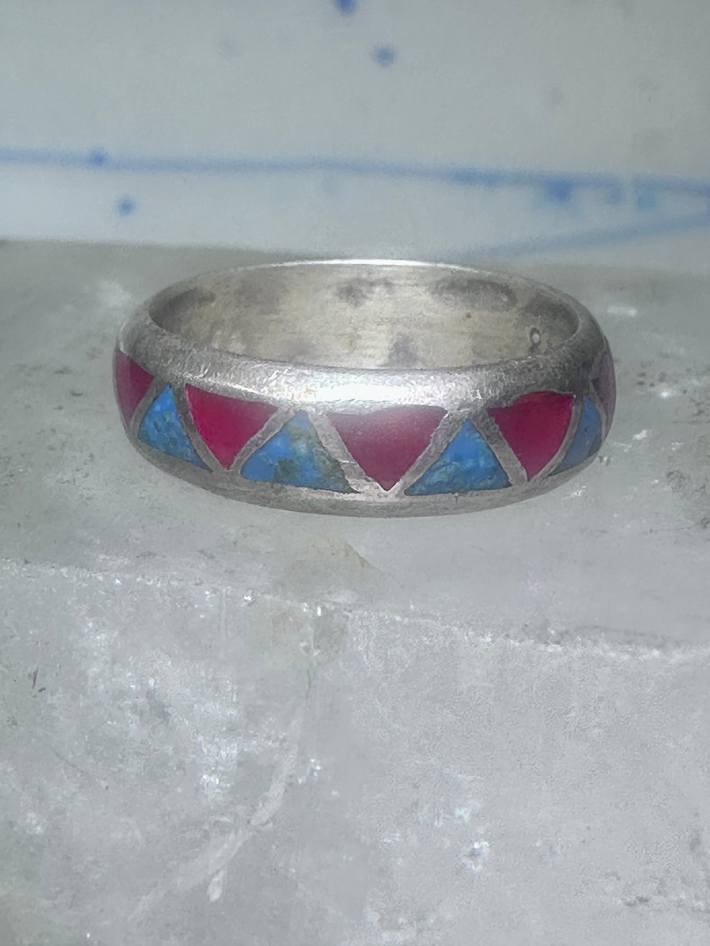 Zuni ring wedding band  sterling silver turquoise coral chips size 7.5 men women b