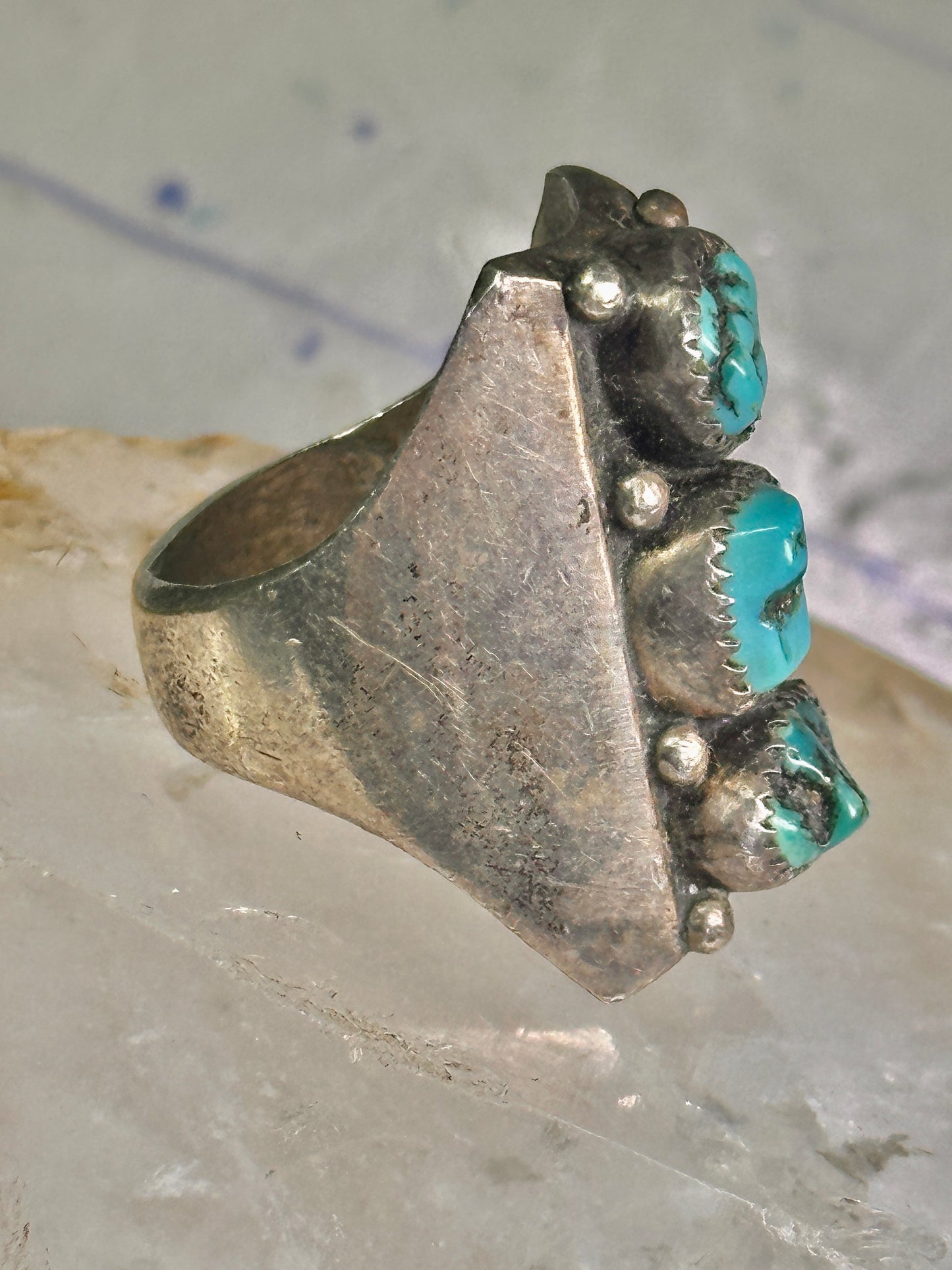 Long Navajo ring Heavy turquoise band vintage sterling silver size 10.75 women men