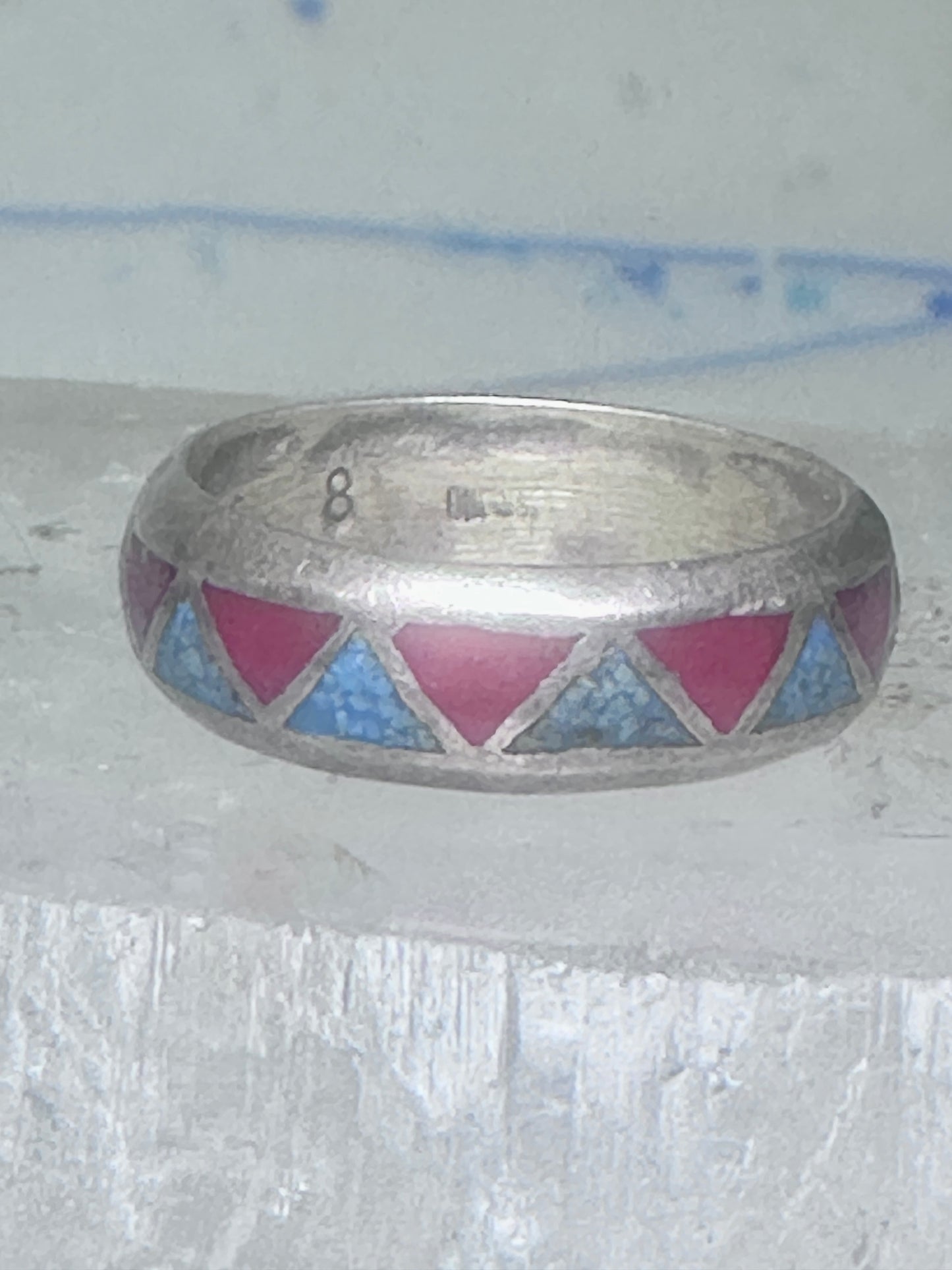 Zuni ring wedding band  sterling silver turquoise coral chips size 7.5 men women b