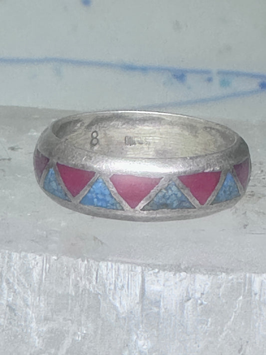 Zuni ring wedding band  sterling silver turquoise coral chips size 7.5 men women b