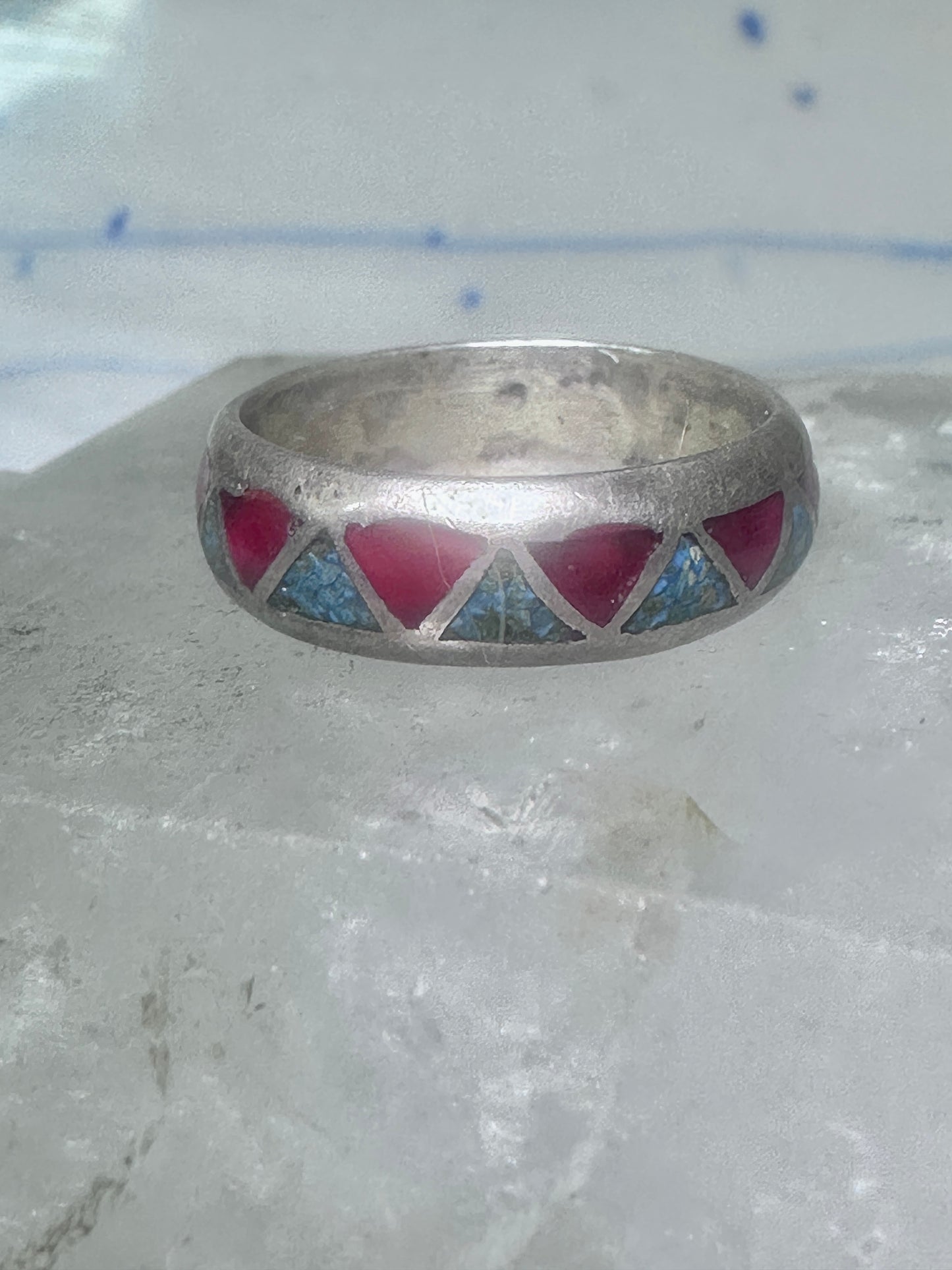 Zuni ring wedding band  sterling silver turquoise coral chips size 7.5 men women b