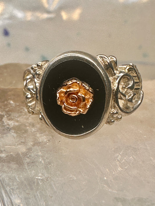 Black Hills Gold ring onyx flower rose size 7.25 sterling silver women