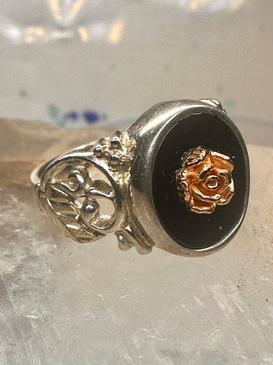 Black Hills Gold ring onyx flower rose size 7.25 sterling silver women