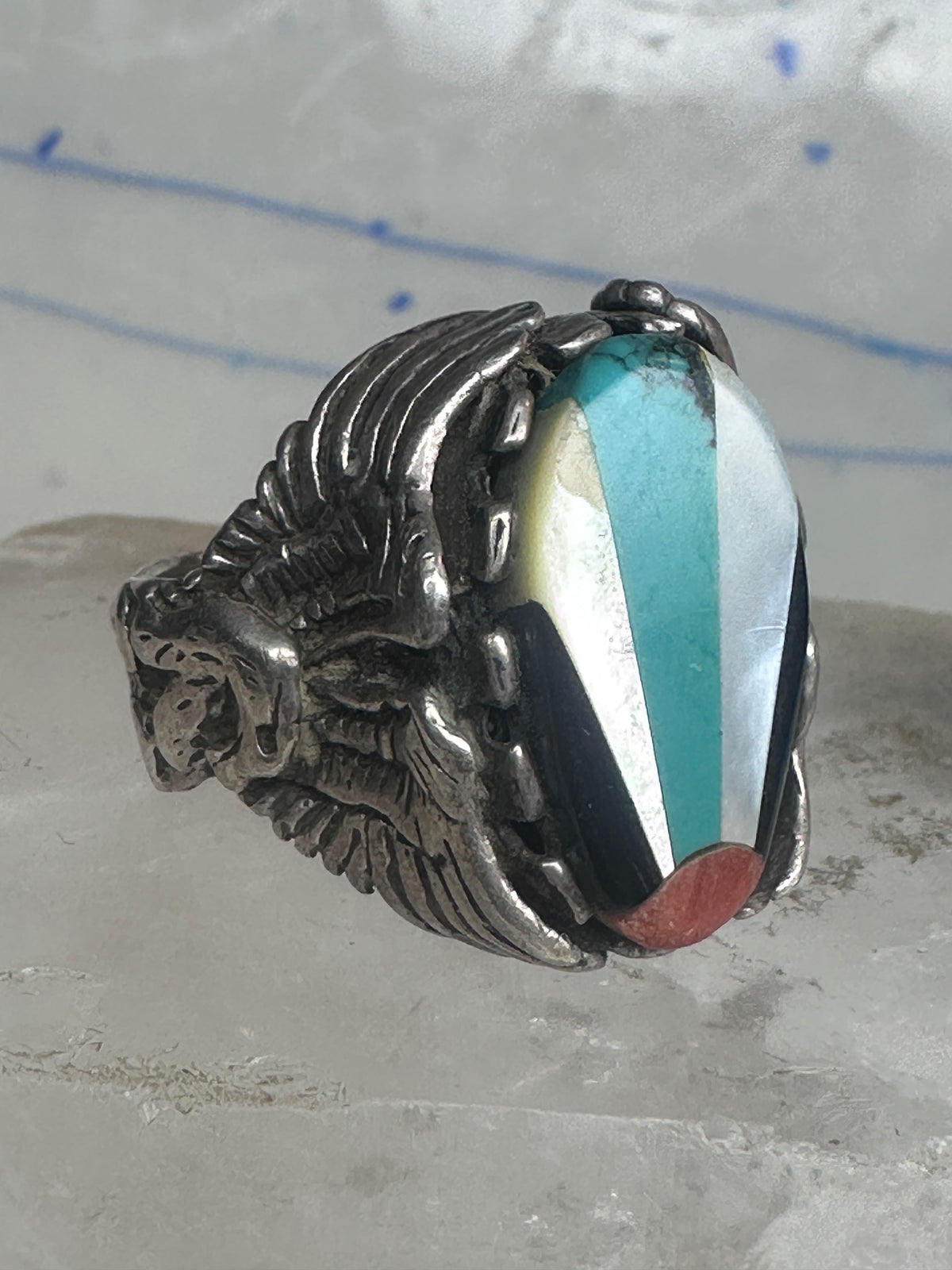 Vintage Zuni Eagle & Sunrise Mosaic Inlay Sterling Silver Ring - Size 10-10.25 925
