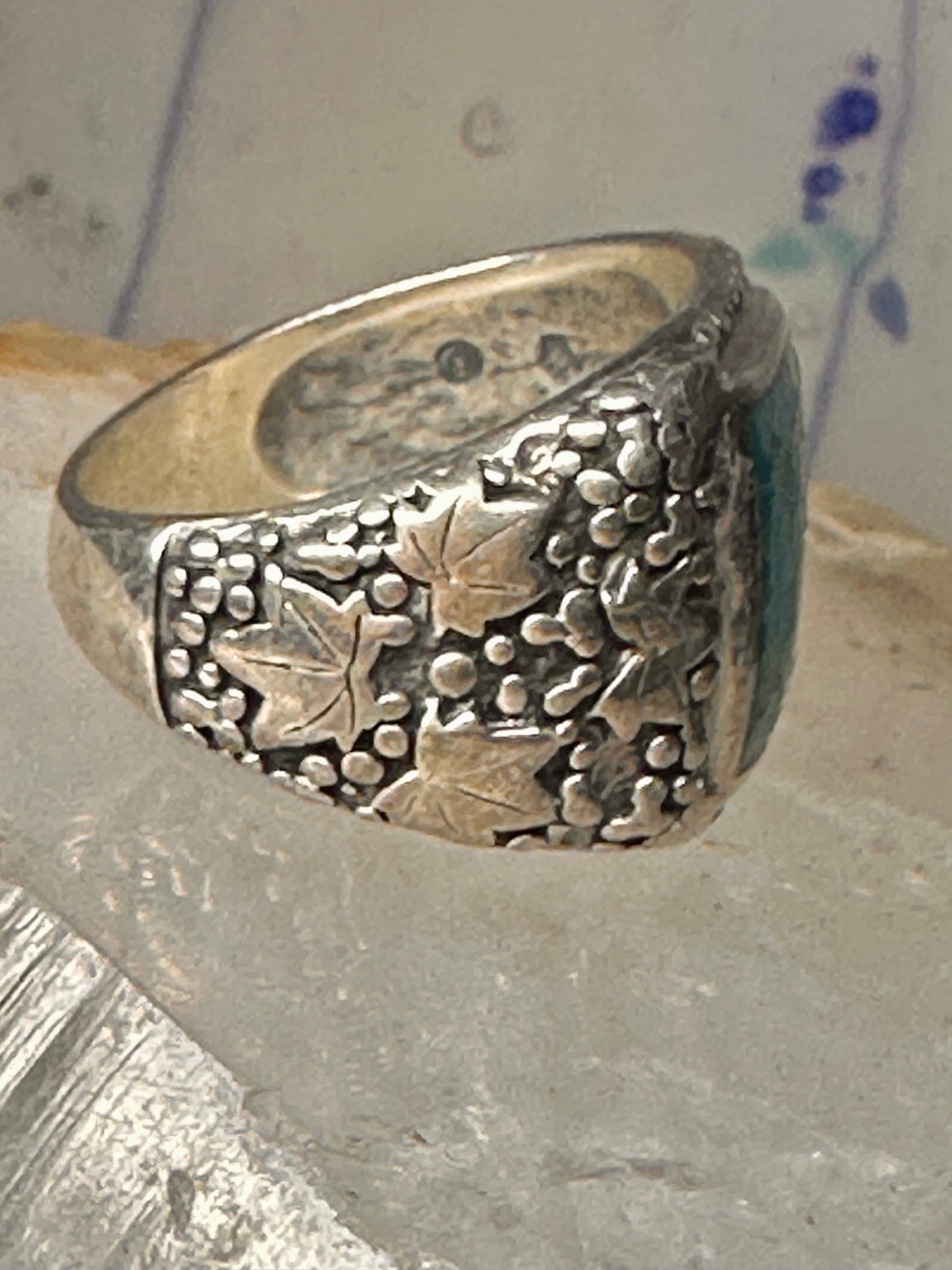 Turquoise ring southwestern leaves grape size 11 sterling silver women men
