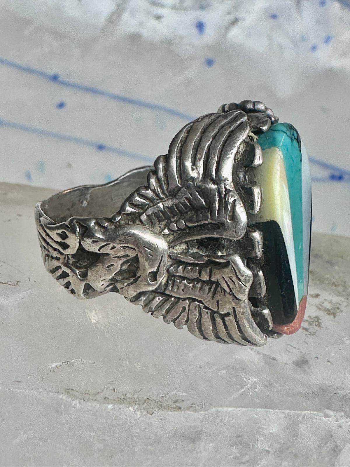 Vintage Zuni Eagle & Sunrise Mosaic Inlay Sterling Silver Ring - Size 10-10.25 925