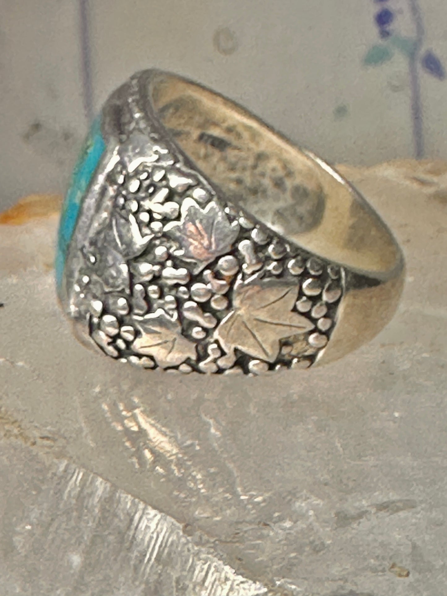 Turquoise ring southwestern leaves grape size 11 sterling silver women men