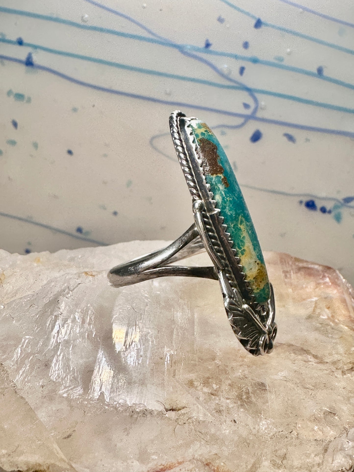 Long Turquoise ring leaves size 8 Navajo sterling silver women