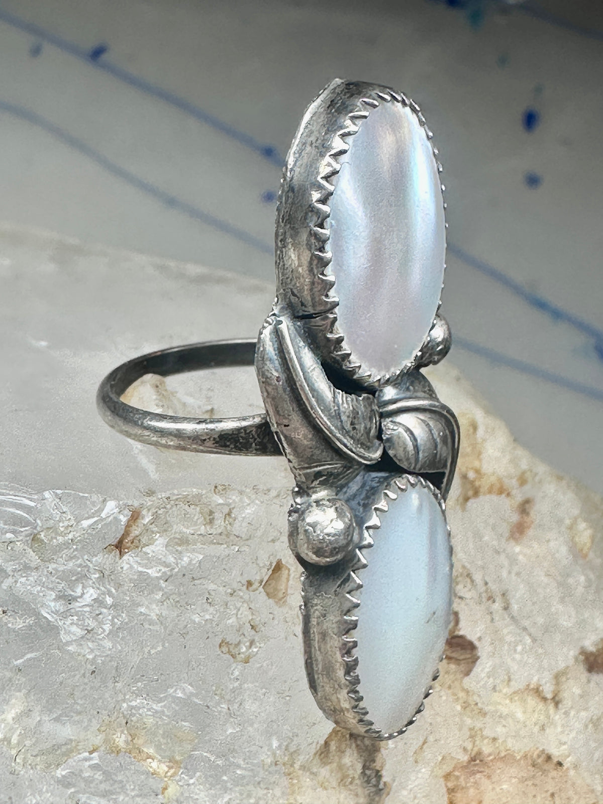 Vintage Navajo Double Mother of Pearl Long Sterling Silver Ring - Size 6 925