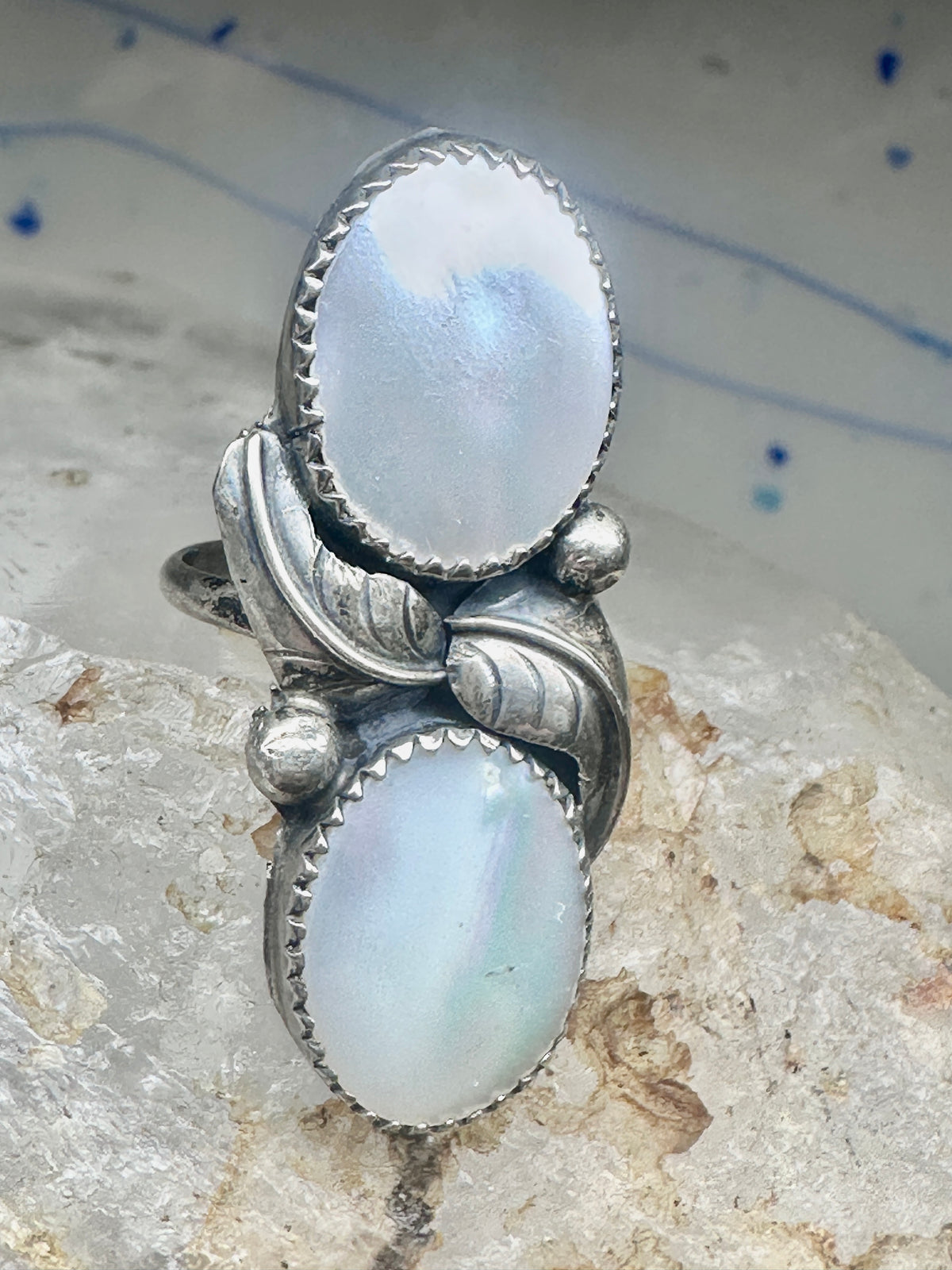 Vintage Navajo Double Mother of Pearl Long Sterling Silver Ring - Size 6 925