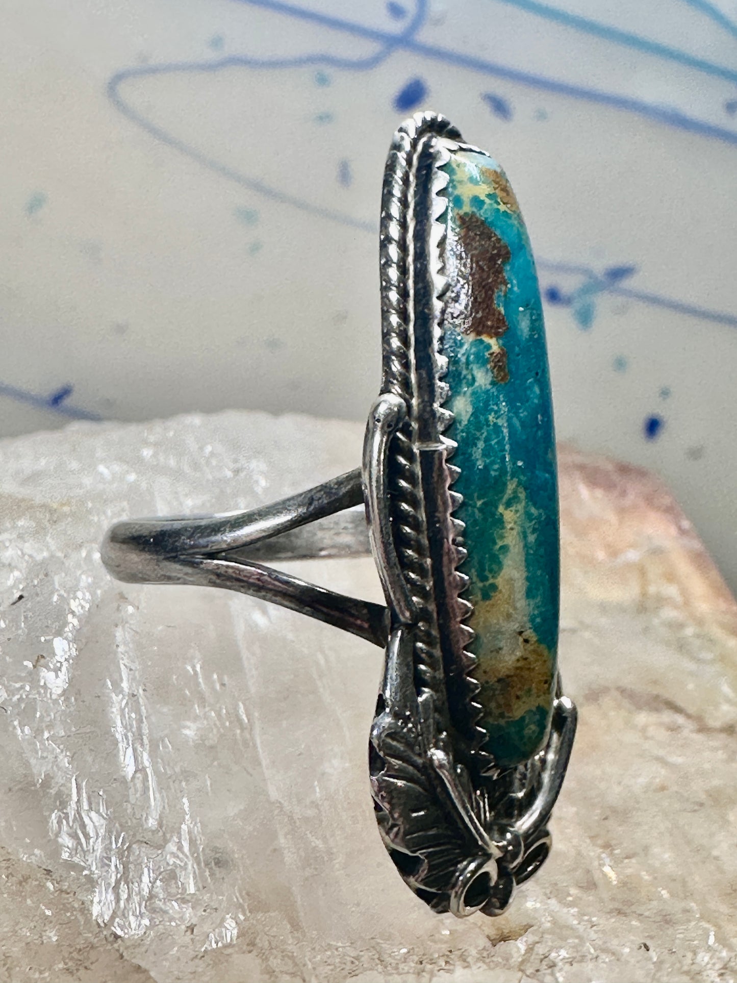 Long Turquoise ring leaves size 8 Navajo sterling silver women