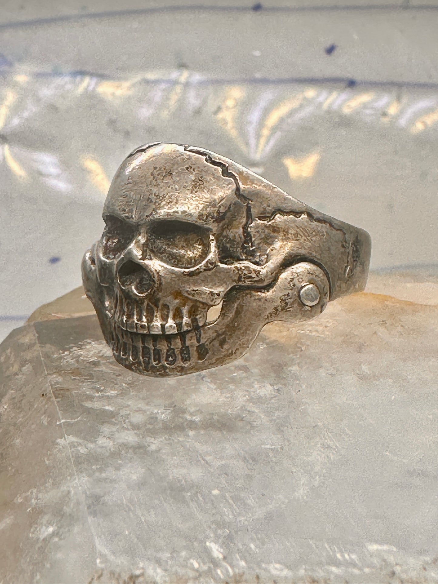 Skull ring biker band jaw moves a little size 13.50 figurative sterling silver men