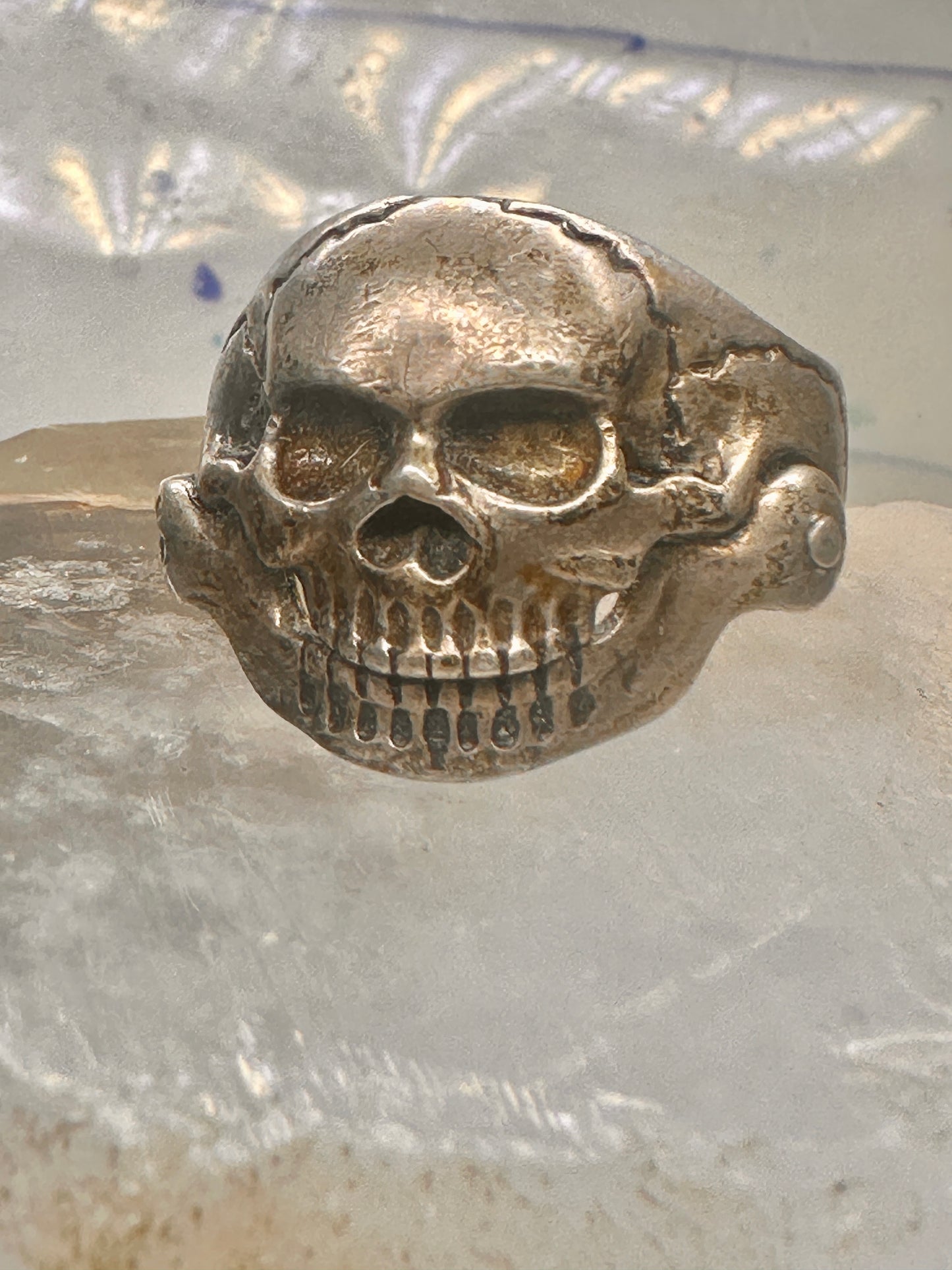 Skull ring biker band jaw moves a little size 13.50 figurative sterling silver men