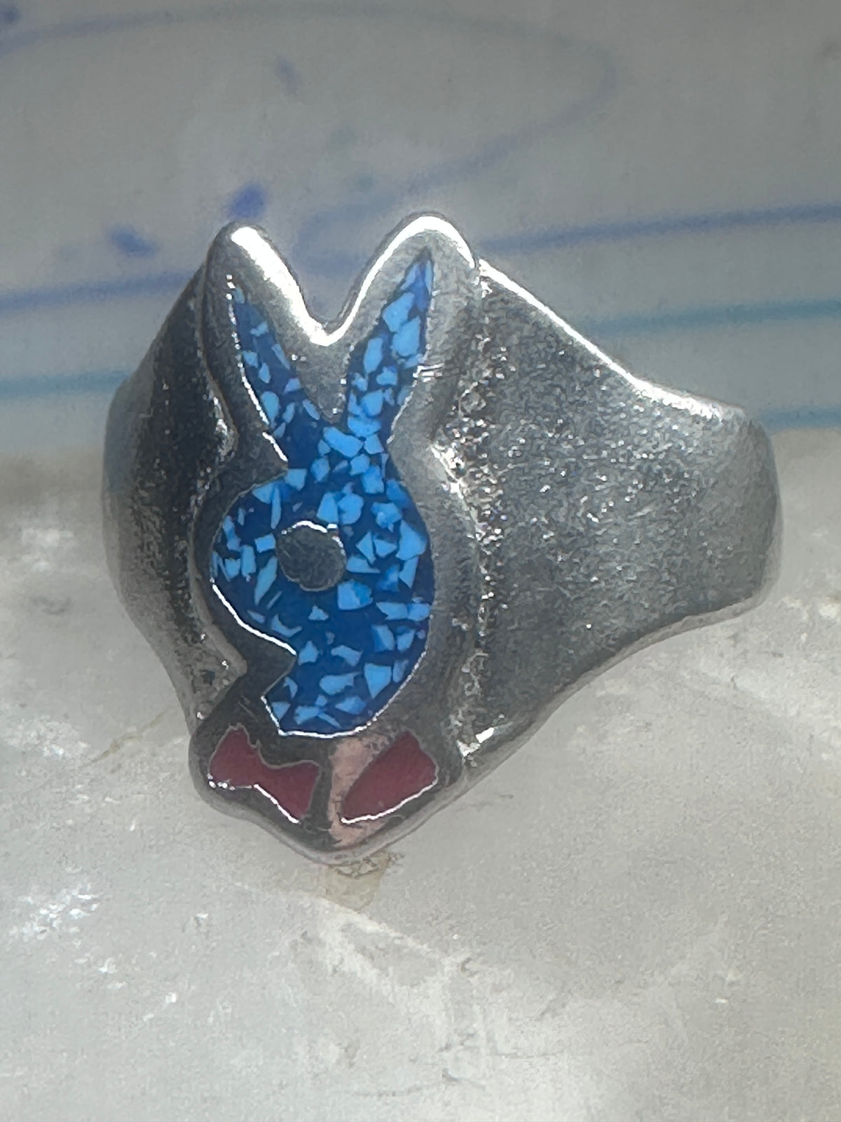 Vintage Sterling Silver Playboy Bunny Inlay Ring - Size 10.5 925