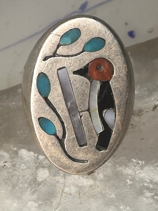 Woodpecker ring Native American turquoise leaves coral onyx size 11.50 sterling silver women men&nbsp;