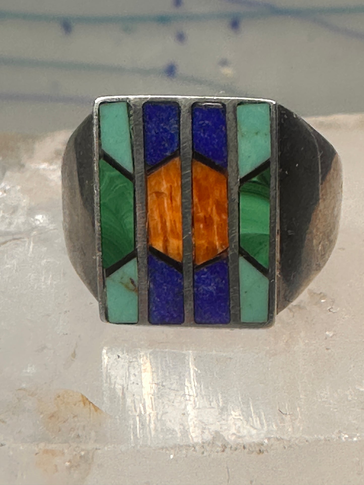 Navajo Ring turquoise spiny oyster lapis malachite inlay size 9 sterling silver women men