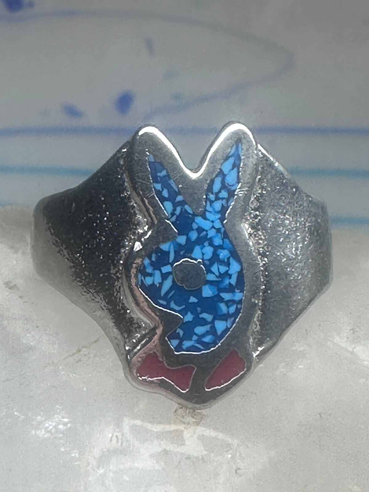 Vintage Sterling Silver Playboy Bunny Inlay Ring - Size 10.5 925