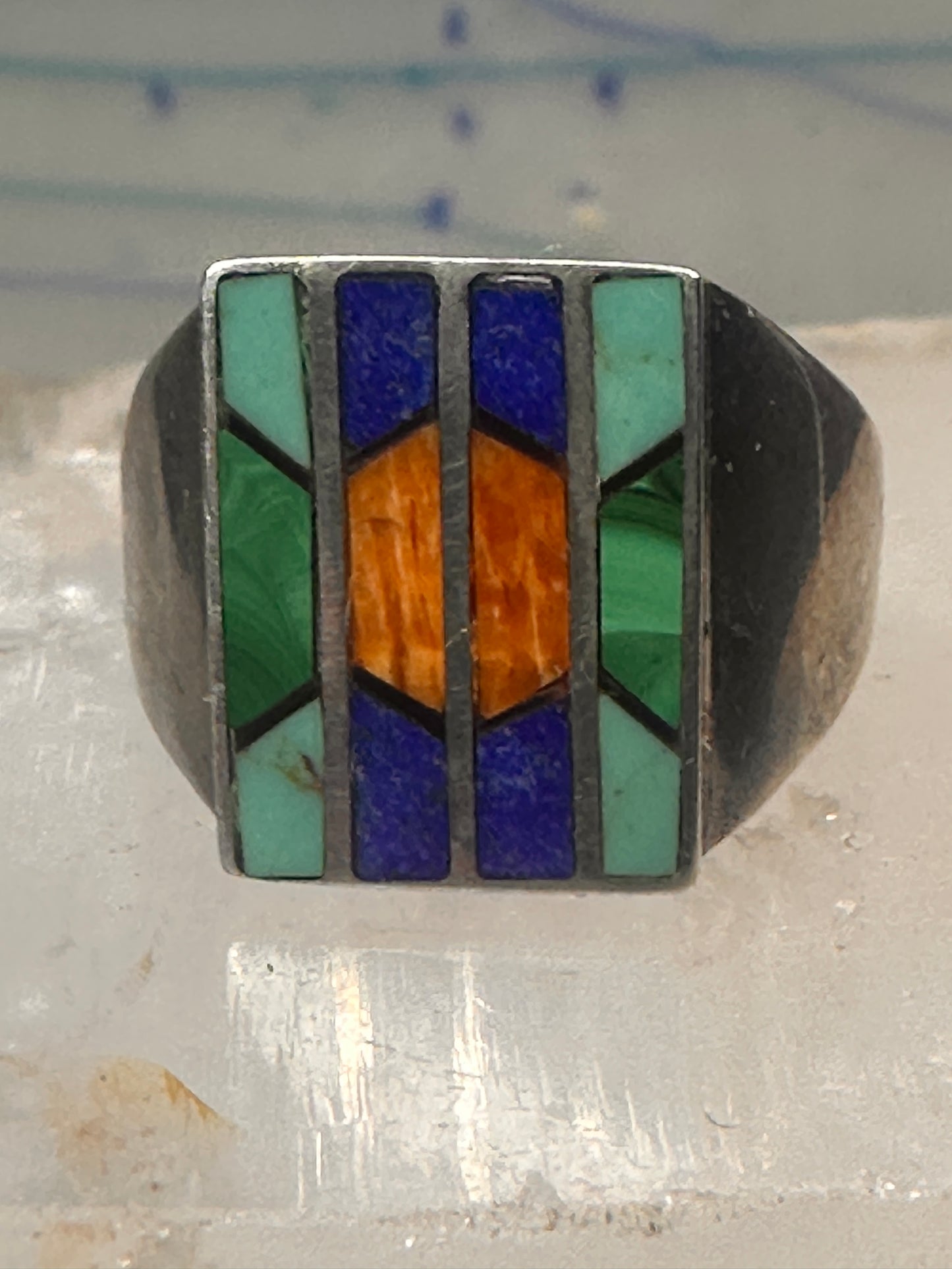 Navajo Ring turquoise spiny oyster lapis malachite inlay size 9 sterling silver women men