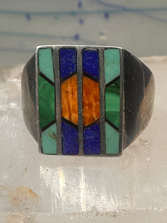 Navajo Ring turquoise spiny oyster lapis malachite inlay size 9 sterling silver women men