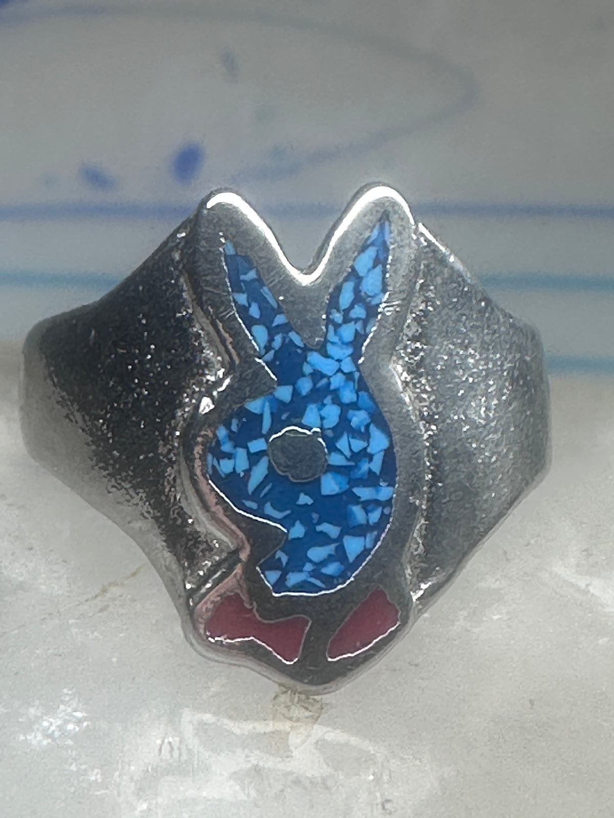 Vintage Sterling Silver Playboy Bunny Inlay Ring - Size 10.5 925