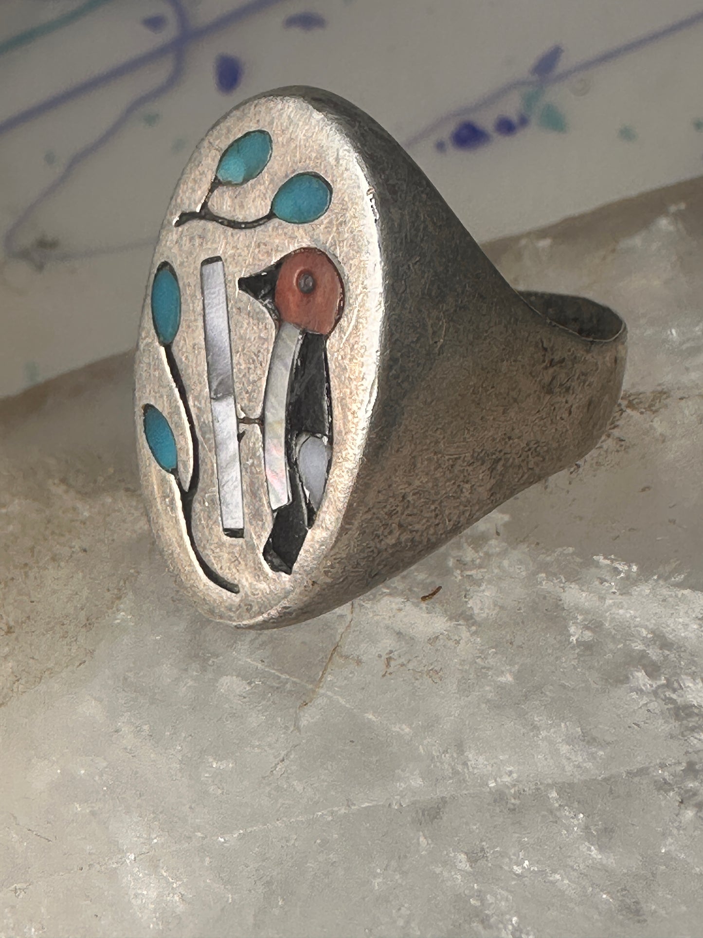 Woodpecker ring Native American turquoise leaves coral onyx size 11.50 sterling silver women men&nbsp;