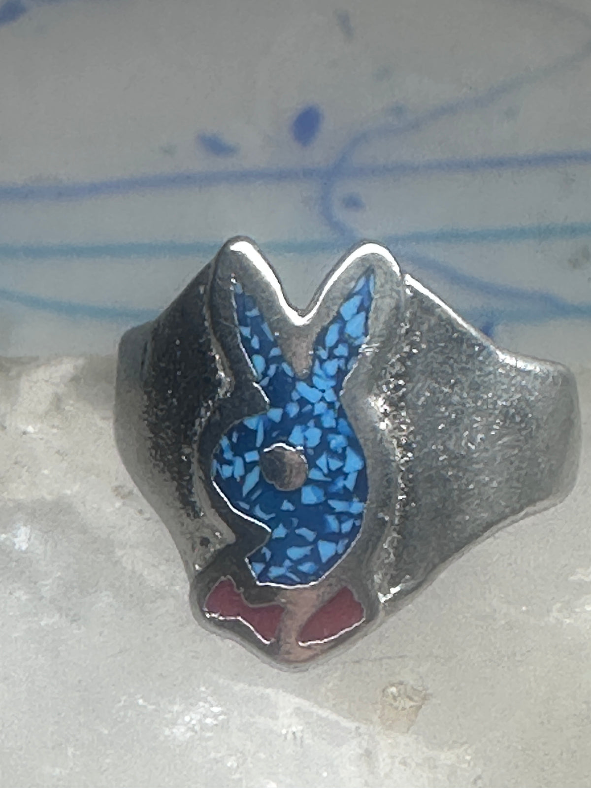Vintage Sterling Silver Playboy Bunny Inlay Ring - Size 10.5 925