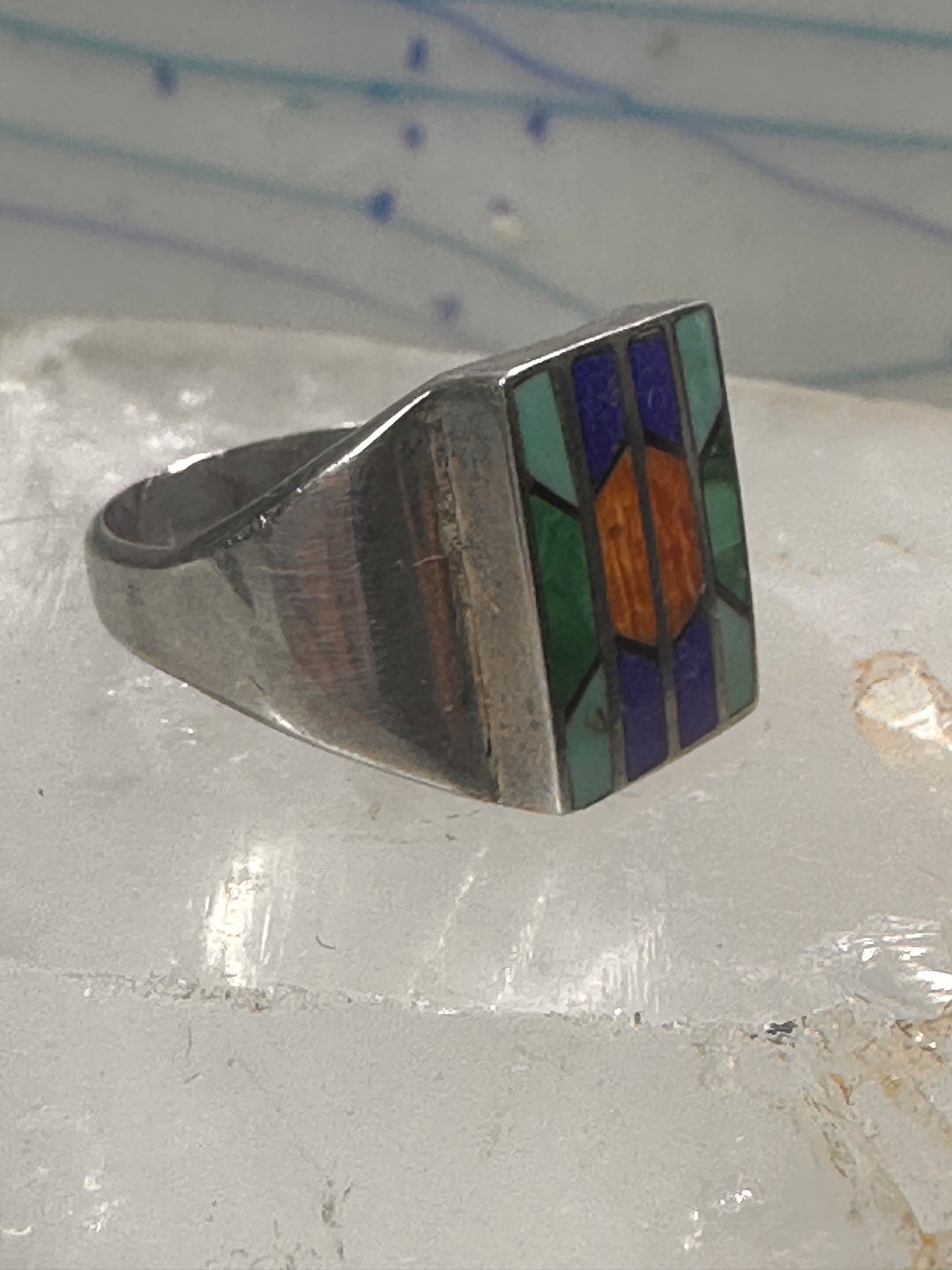 Navajo Ring turquoise spiny oyster lapis malachite inlay size 9 sterling silver women men