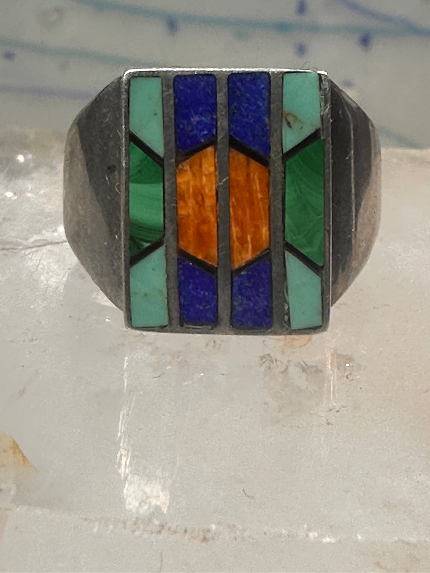 Navajo Ring turquoise spiny oyster lapis malachite inlay size 9 sterling silver women men