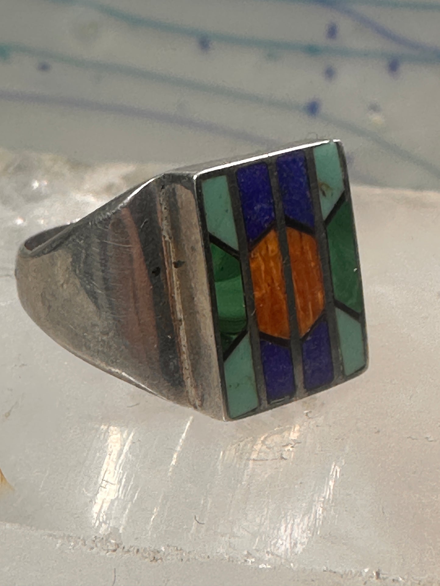 Navajo Ring turquoise spiny oyster lapis malachite inlay size 9 sterling silver women men