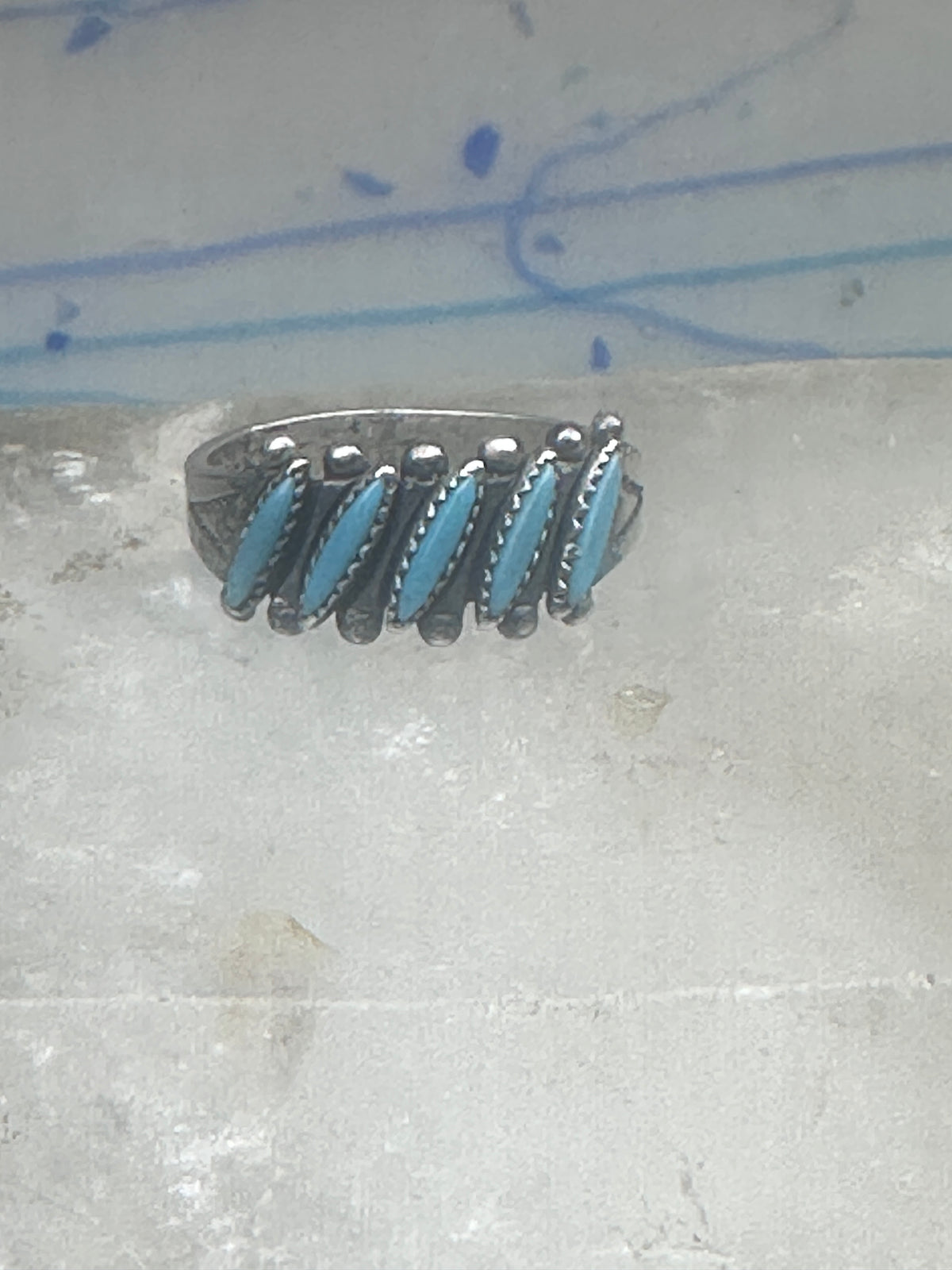Vintage Sterling Silver Bell Trading Zuni Petite Point Turquoise Ring Size 7.25 925