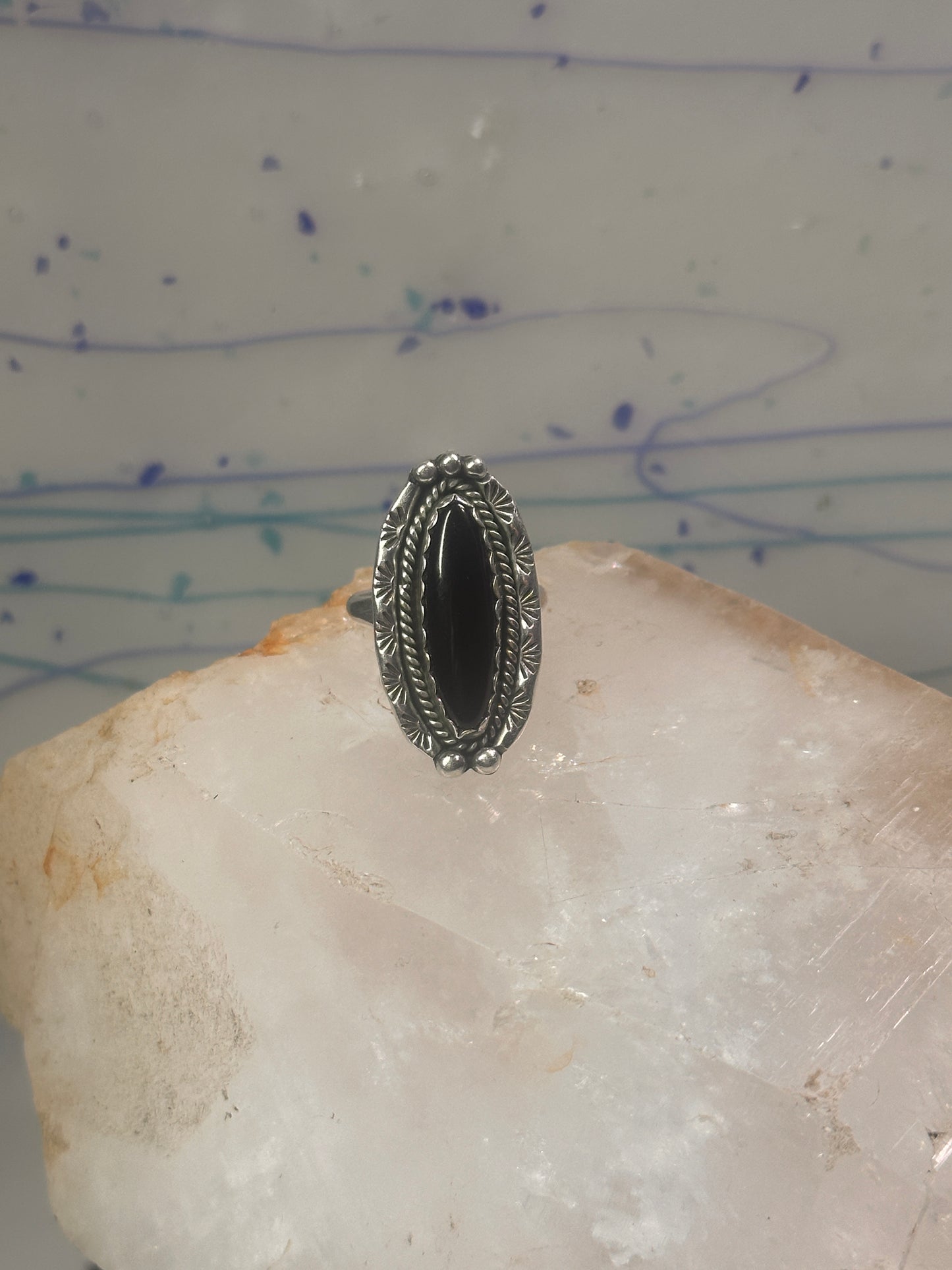 Navajo Ring Long Onyx size 6.5 sterling silver women girls signed LY
