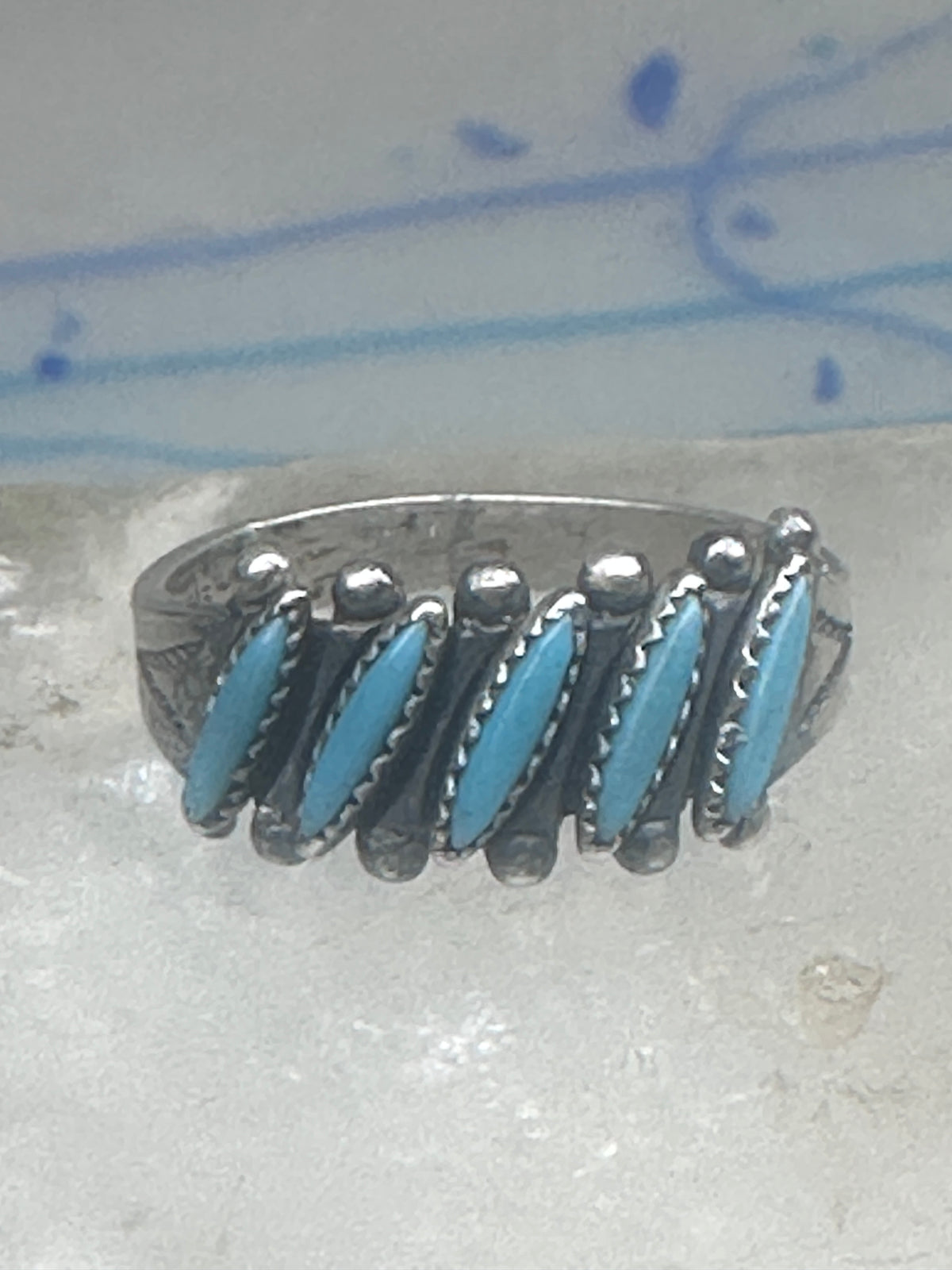 Vintage Sterling Silver Bell Trading Zuni Petite Point Turquoise Ring Size 7.25 925