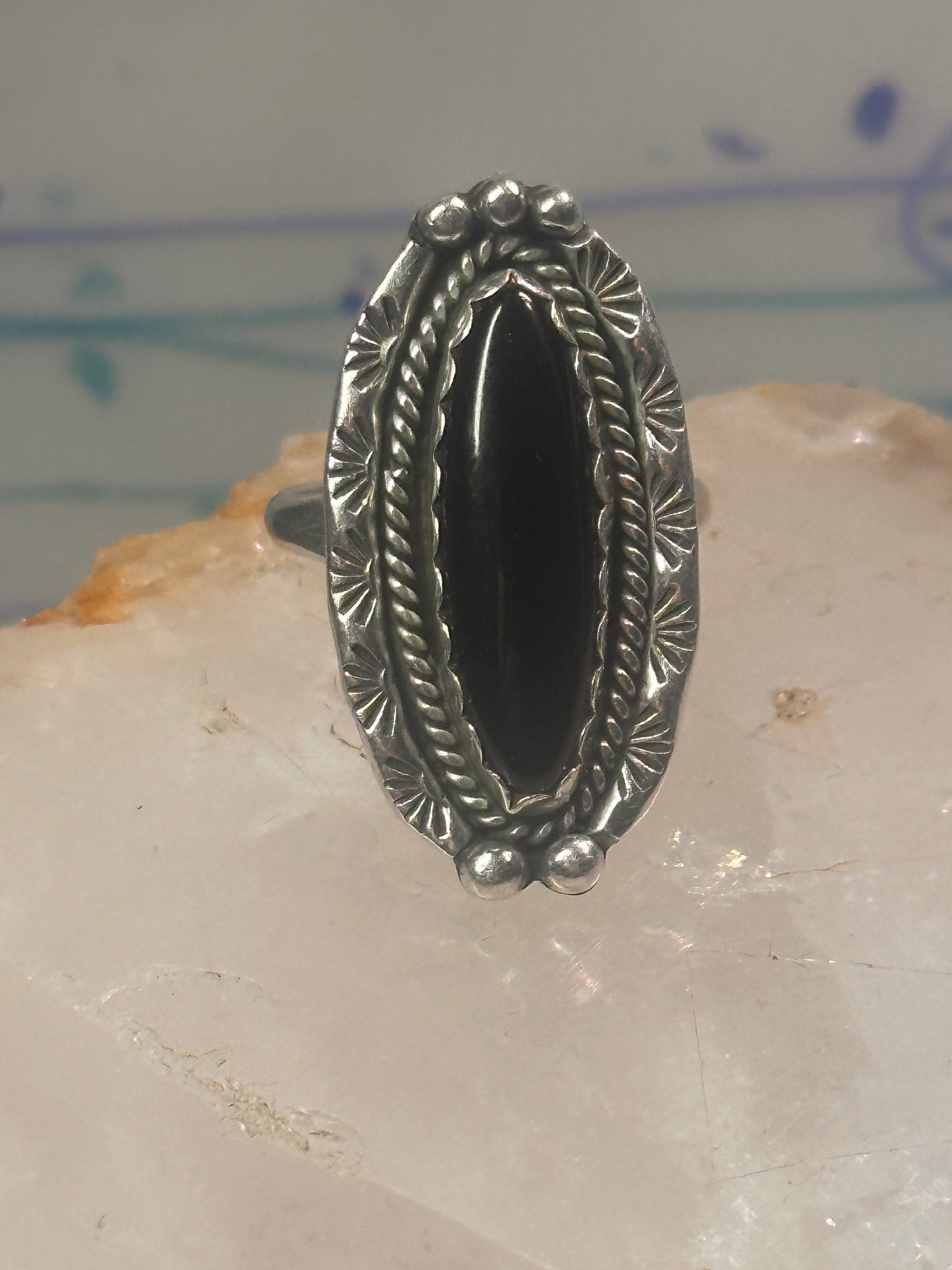 Navajo Ring Long Onyx size 6.5 sterling silver women girls signed LY