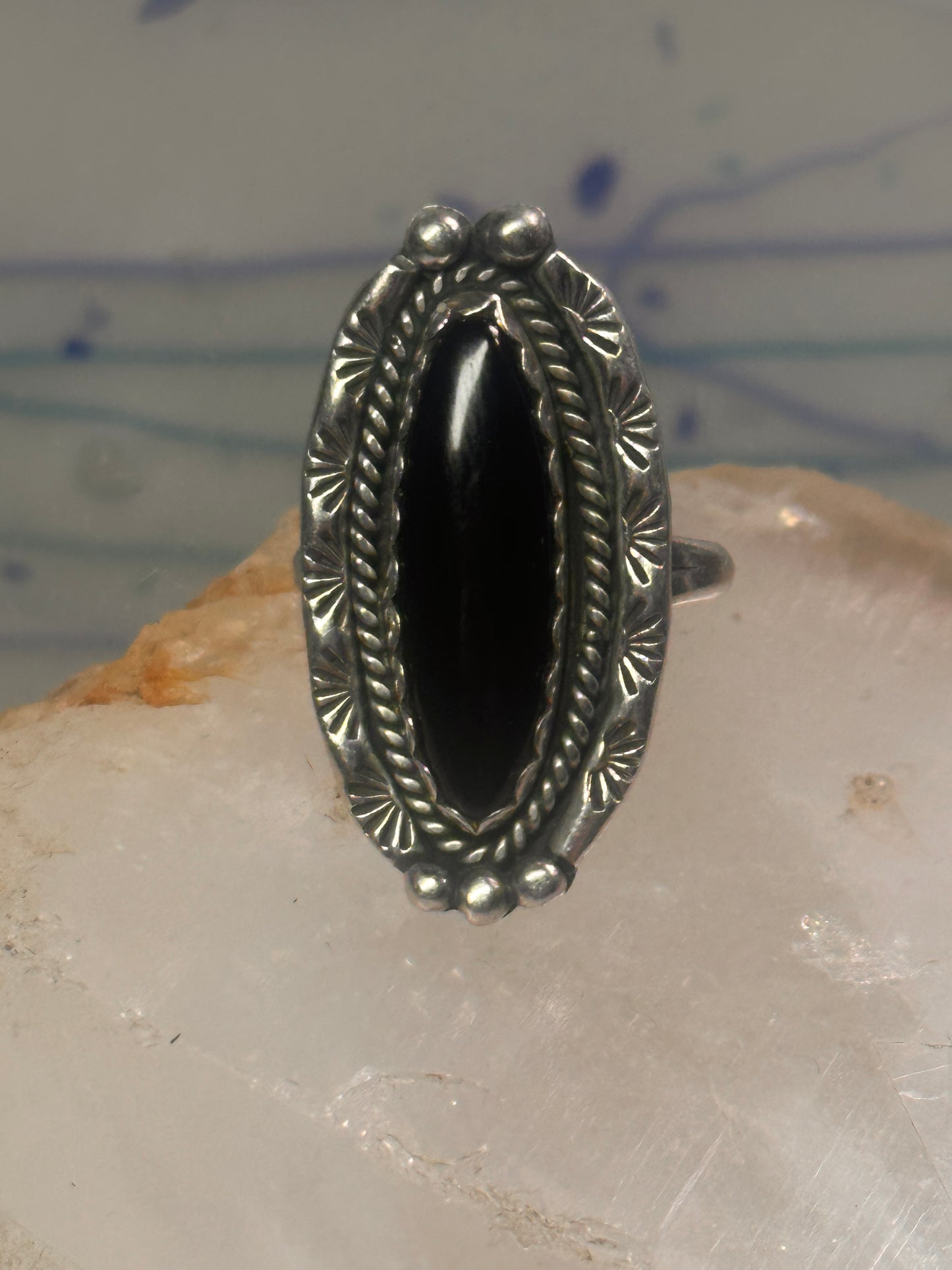 Navajo Ring Long Onyx size 6.5 sterling silver women girls signed LY