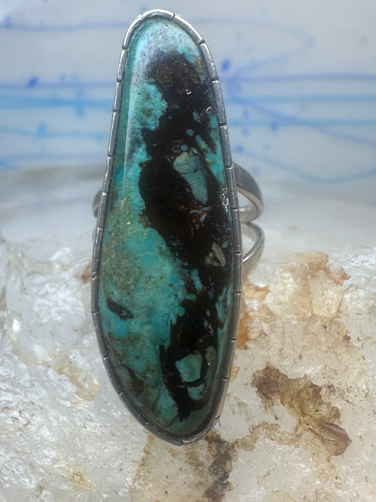 Vintage Sterling Silver Navajo FG Long Matrix Turquoise Ring Size 7.50 925