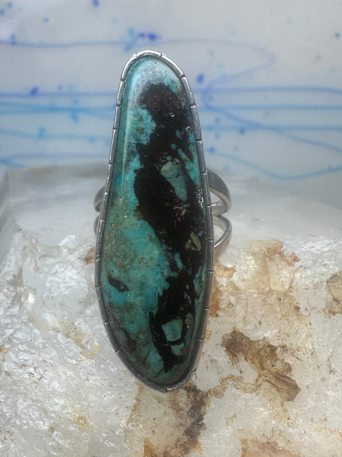 Vintage Sterling Silver Navajo FG Long Matrix Turquoise Ring Size 7.50 925