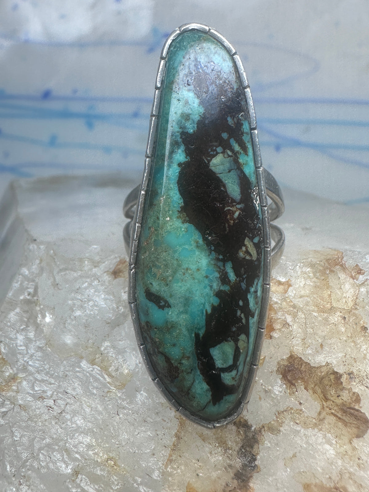 Vintage Sterling Silver Navajo FG Long Matrix Turquoise Ring Size 7.50 925