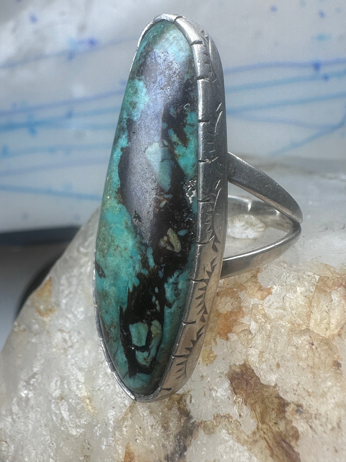 Vintage Sterling Silver Navajo FG Long Matrix Turquoise Ring Size 7.50 925