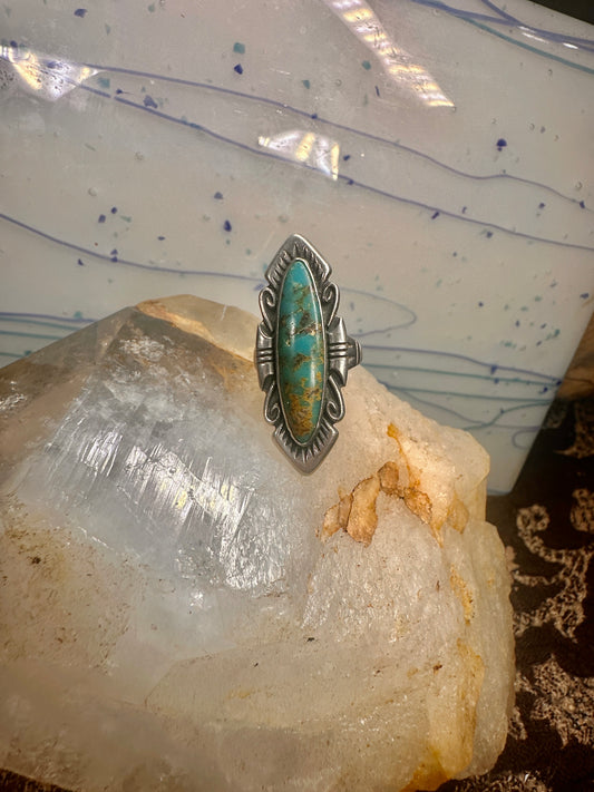 Long Turquoise ring Navajo size 6 sterling silver women