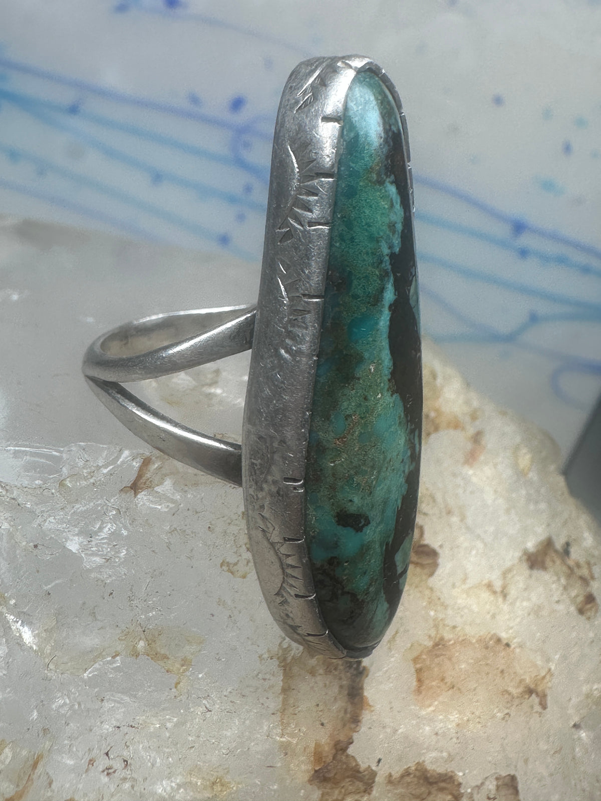 Vintage Sterling Silver Navajo FG Long Matrix Turquoise Ring Size 7.50 925