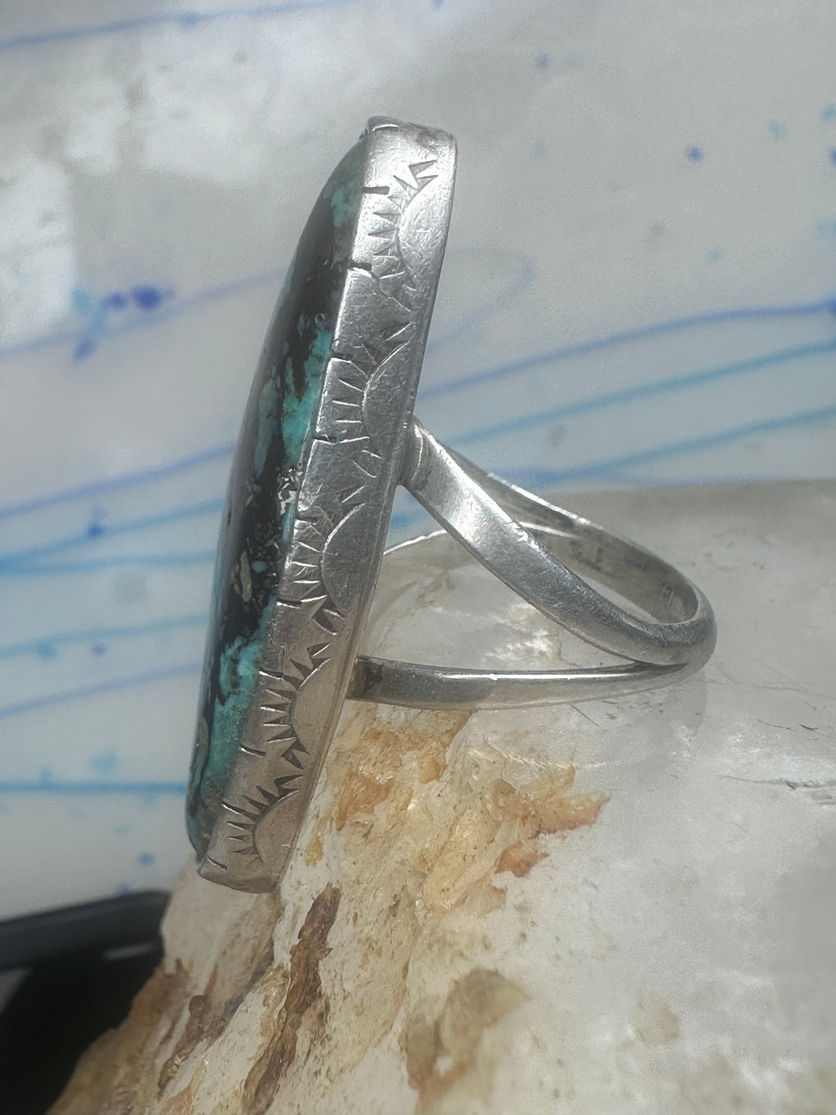 Vintage Sterling Silver Navajo FG Long Matrix Turquoise Ring Size 7.50 925