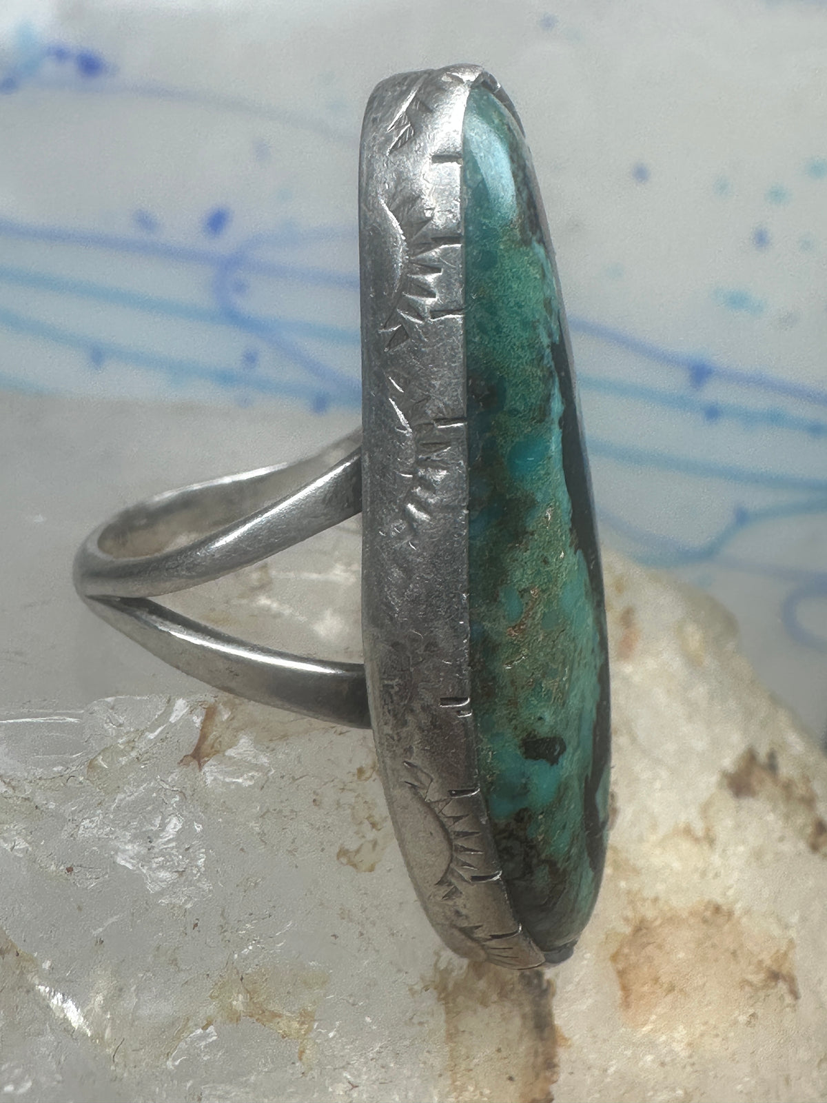 Vintage Sterling Silver Navajo FG Long Matrix Turquoise Ring Size 7.50 925
