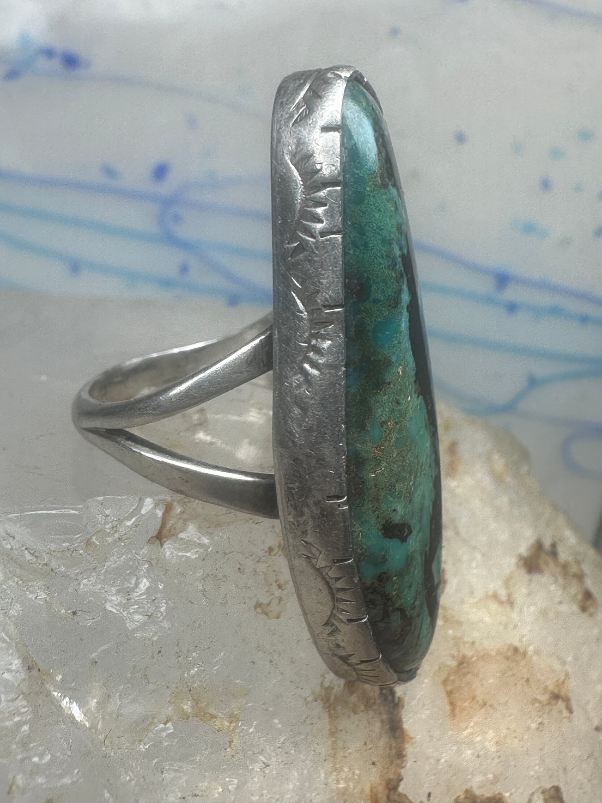 Vintage Sterling Silver Navajo FG Long Matrix Turquoise Ring Size 7.50 925